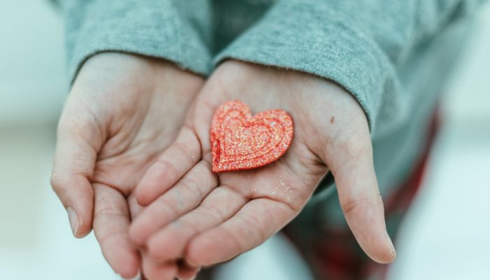 child hand holding red heart